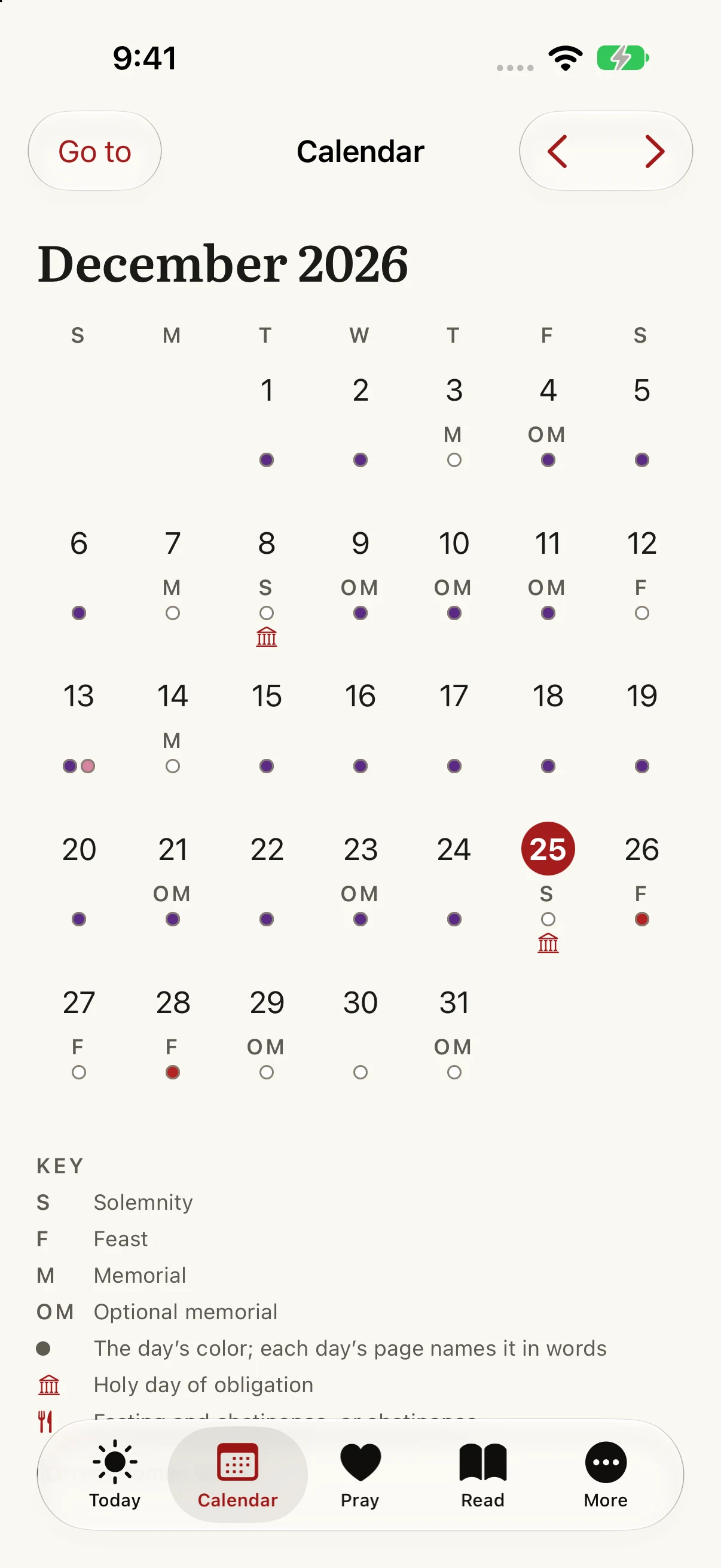 Hodie’s December 2026 month calendar, with the selected day’s celebration and the ranks explained beneath the grid.